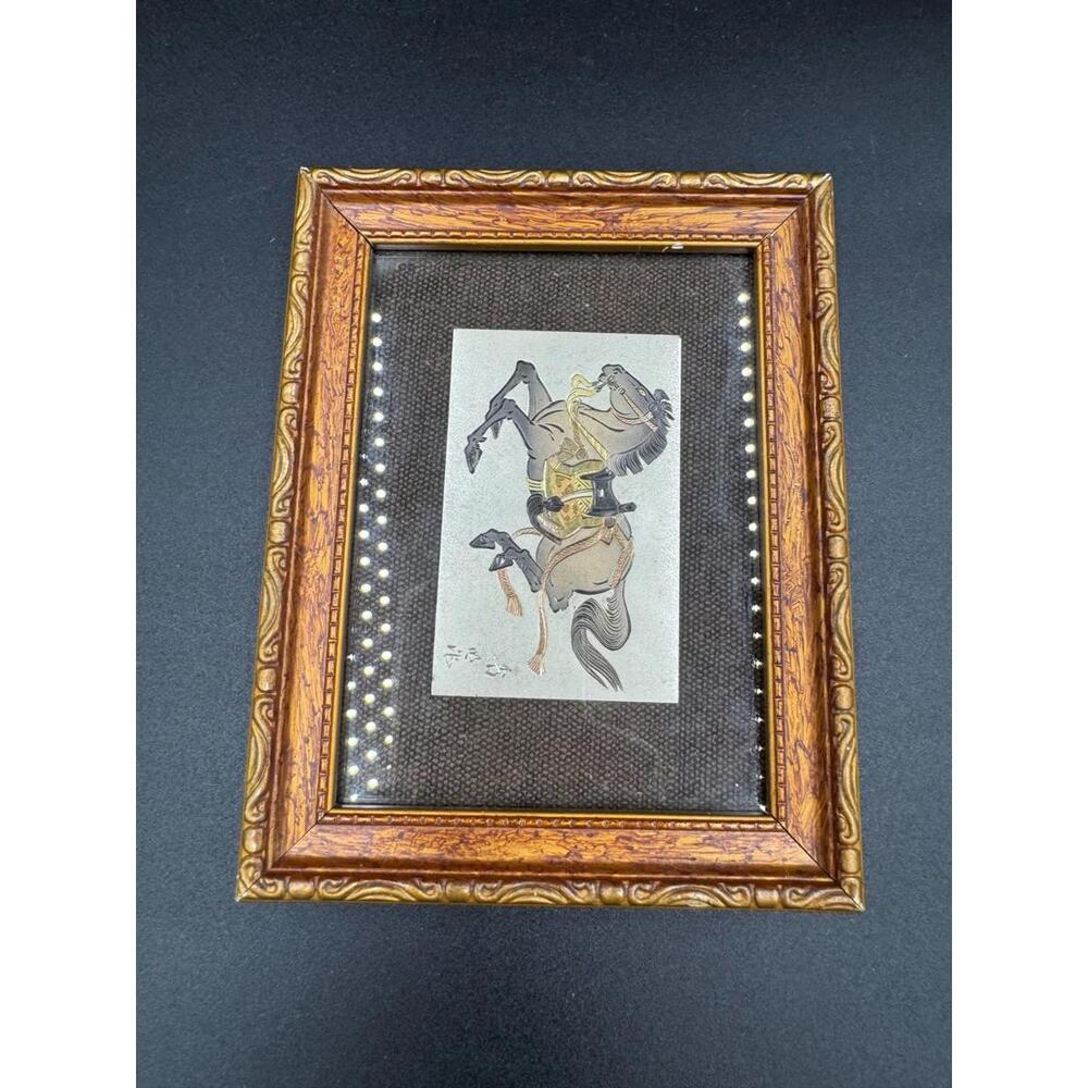 Vintage Japanese Damascene Horse Rider Plaque Silver Gold Inlay Framed K24 Japan